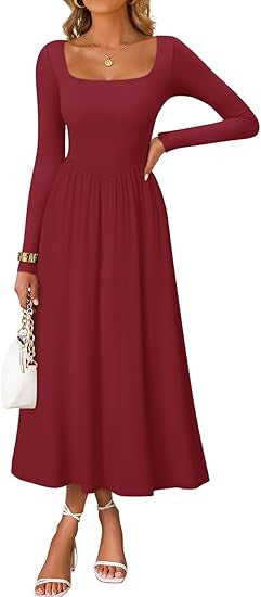Women's elegant midi dress with square neckline and long sleeves Skjora