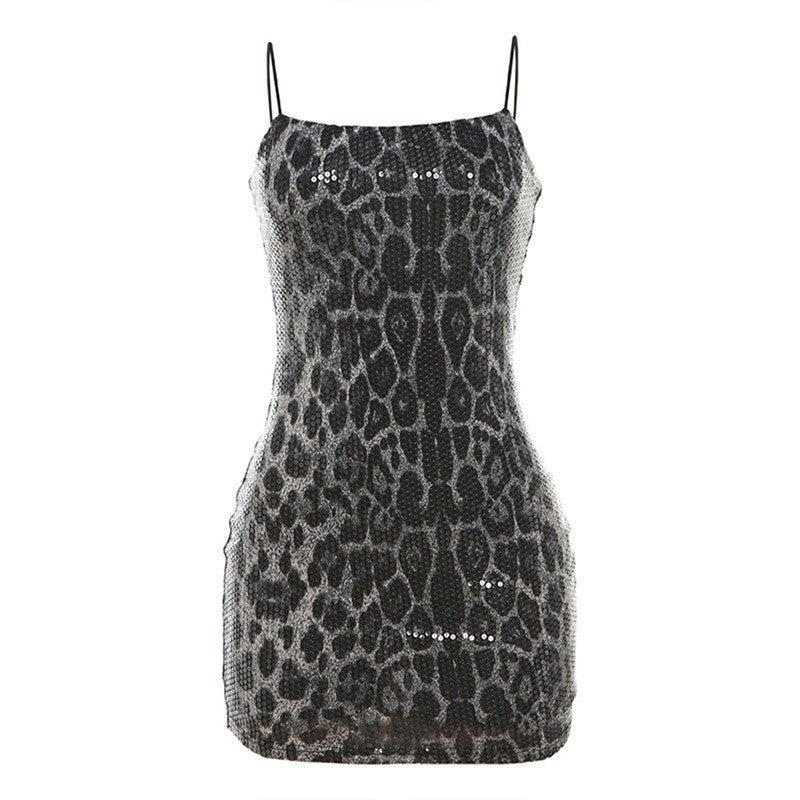 Damer Elegant Leopardmønster Kjole med Glitrende Steiner Skjora