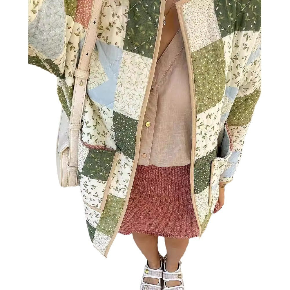 Women's patchwork quilted jacket with floral design and visible button placket Skjora