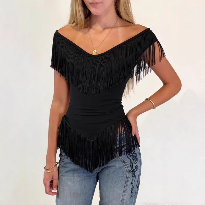 Dame Top med frynsete detalj og off-shoulder-design Skjora