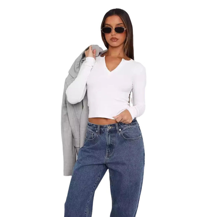 Dame Langermet Crop-Top med elegant V-åpning og figurnær passform Skjora