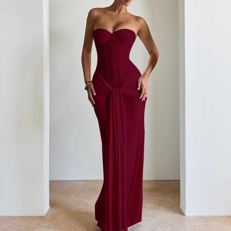 Damer stilig Maxikjole med elegant Bustier-overdel og rynket skjørt Skjora