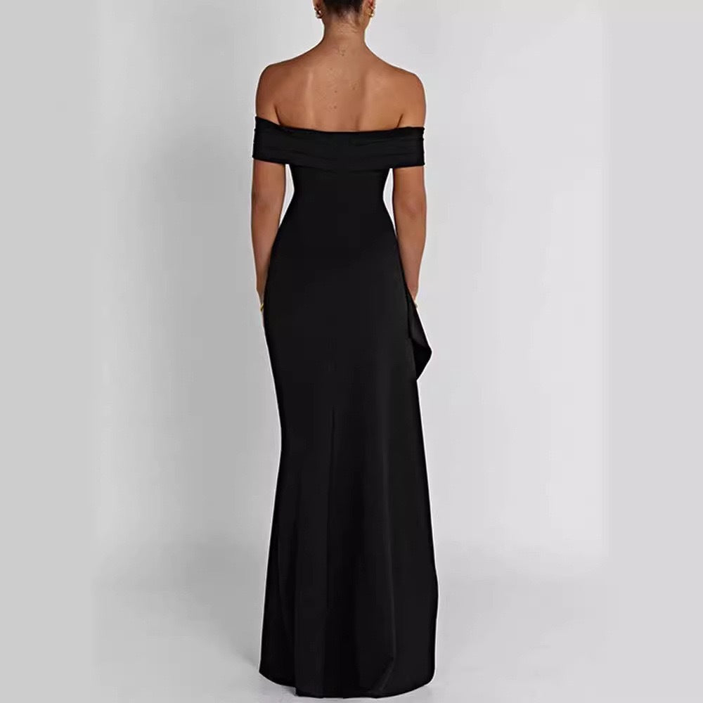 Damer Elegant Off-Shoulder Maxikjole med høy splitt og draperinger Skjora