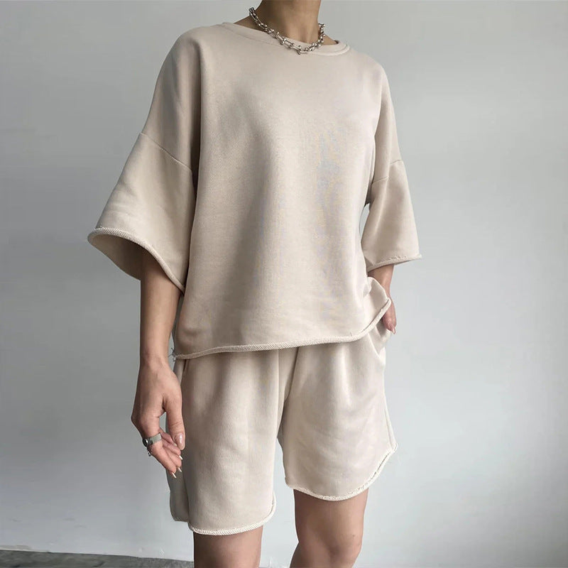 Kvinne Casual Oversized Fritidssett med Kortermet Topp og Løse Shorts Skjora