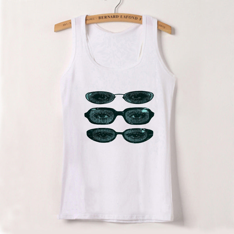 Dame ermeløs tanktop med kreativt brillemotiv Skjora