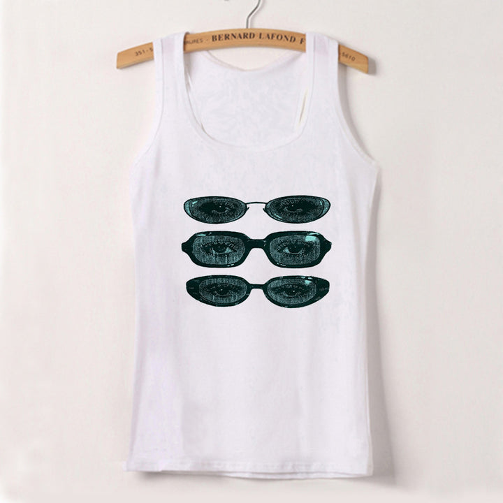 Dame ermeløs tanktop med kreativt brillemotiv Skjora
