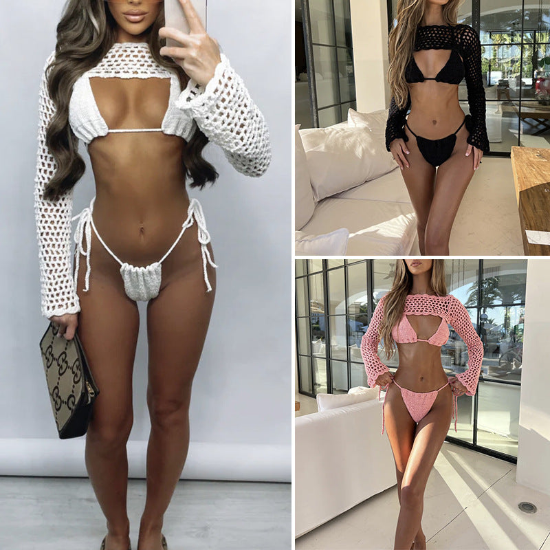 Damen Häkel-Bikini-Set mit langärmliger transparentem Oberteil und hohem Beinausschnitt Skjora