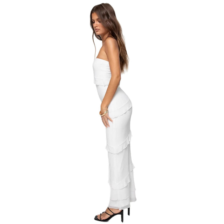 Damen Elegantes Maxi-Kleid mit Rüschendetails und schulterfreiem Design Skjora