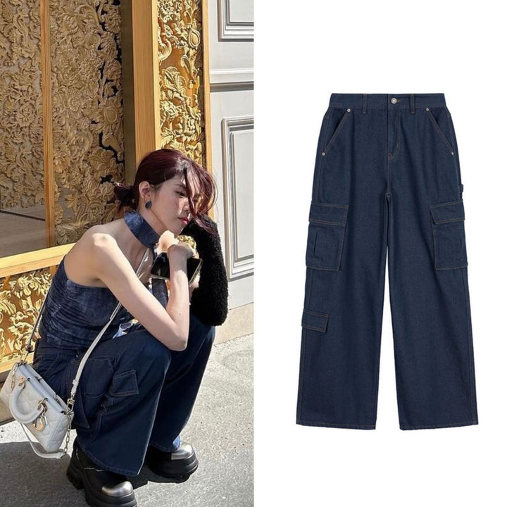 Dames cargo jeans med løs passform og praktiske lommer