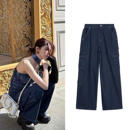 Dames cargo jeans med løs passform og praktiske lommer