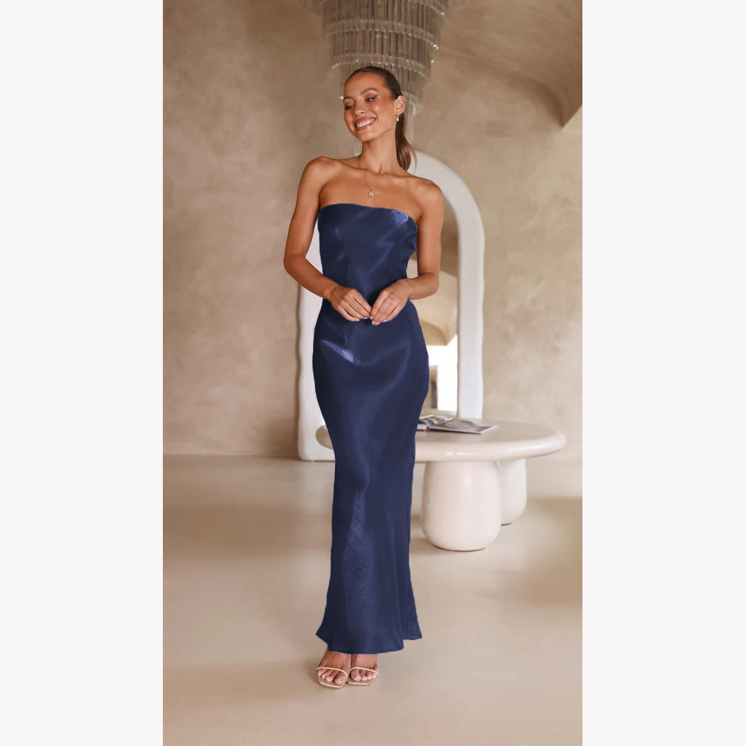 Damer Elegant Bandeau Maxi Kjole med Flytende Satin og Kroppsnær Silhuett