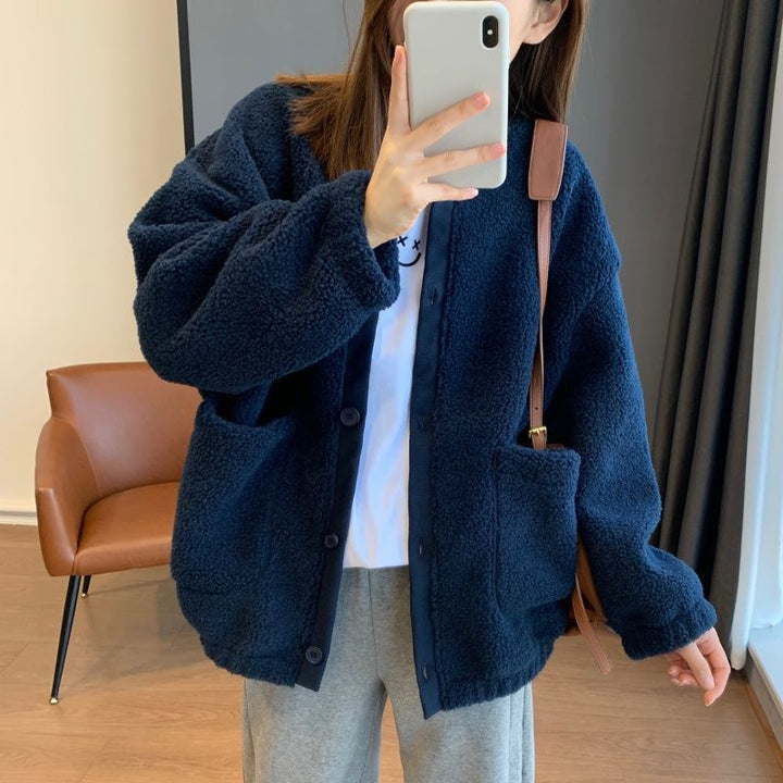 Kvinne Fluffy Oversized Jakke med Store Lommer