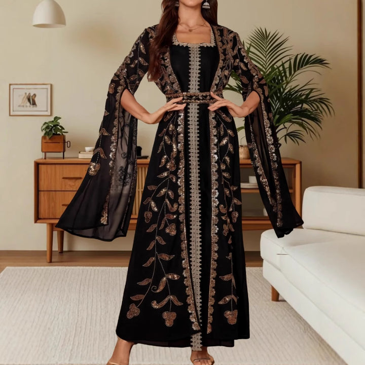 Kvinne Elegant Kaftan Kjole med Utsøkt Broderi og Flytende Snitt