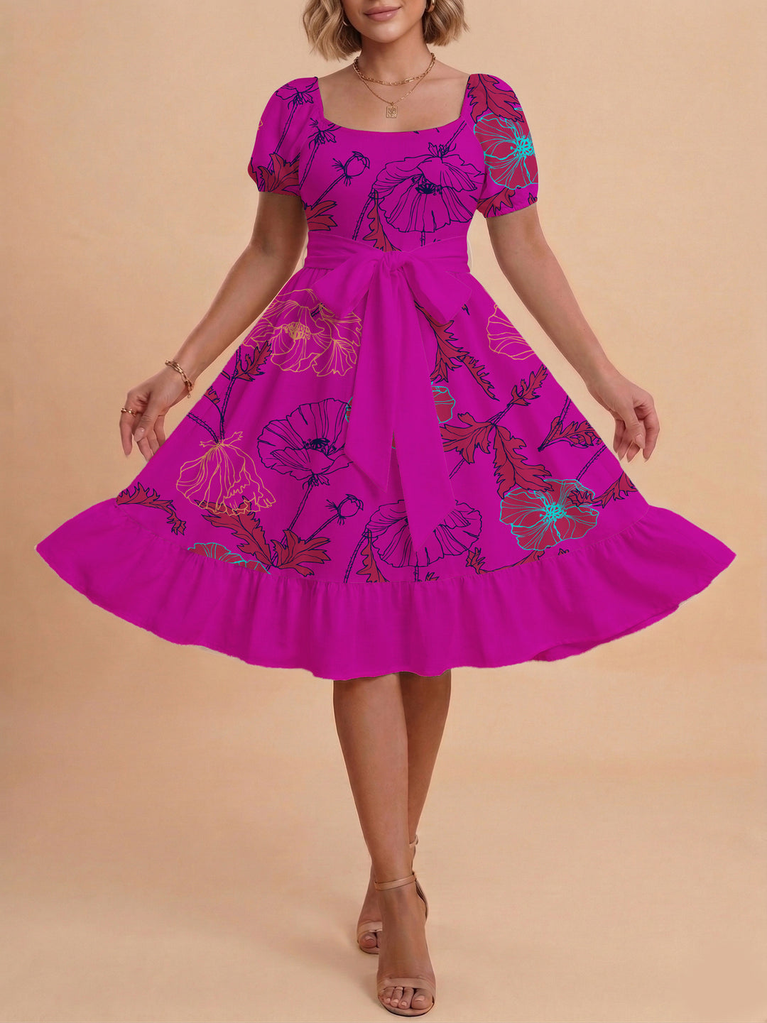 Damen modernes Blumenkleid mit elegantem Taillengürtel und asymmetrischem Saum Skjora
