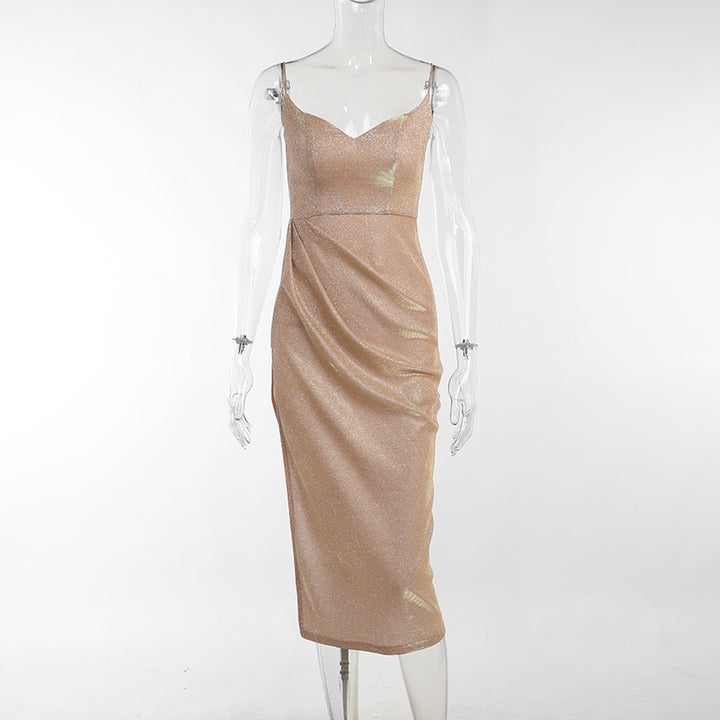 Damer elegant metallic effekt midikjole med spaghettistropper Skjora