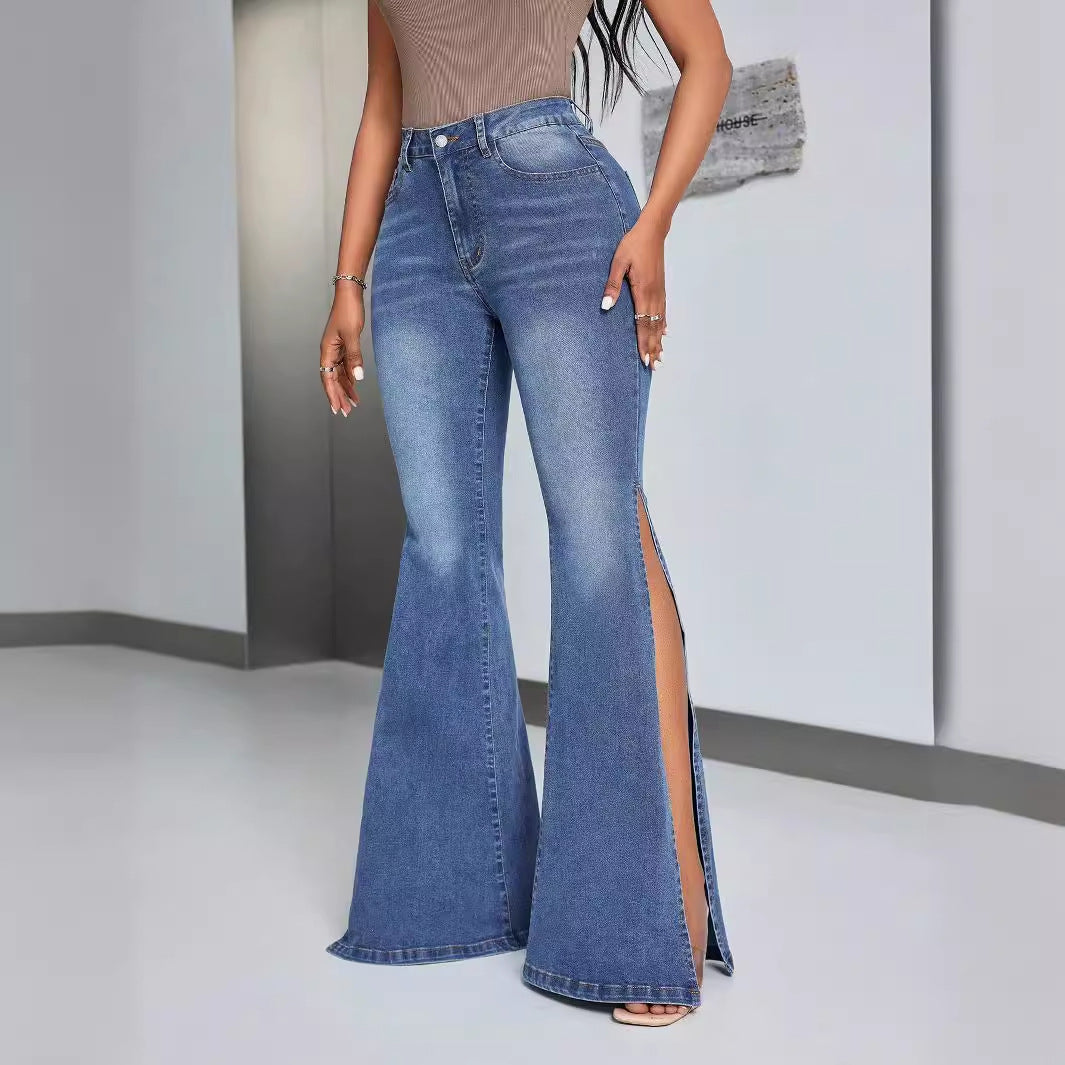 Dame elegante høyt liv flared jeans med sidelommer Skjora