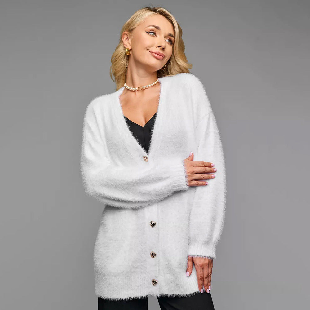 Dames Oversized Cardigan med Hjerteknapper og Mykt Materiale Skjora