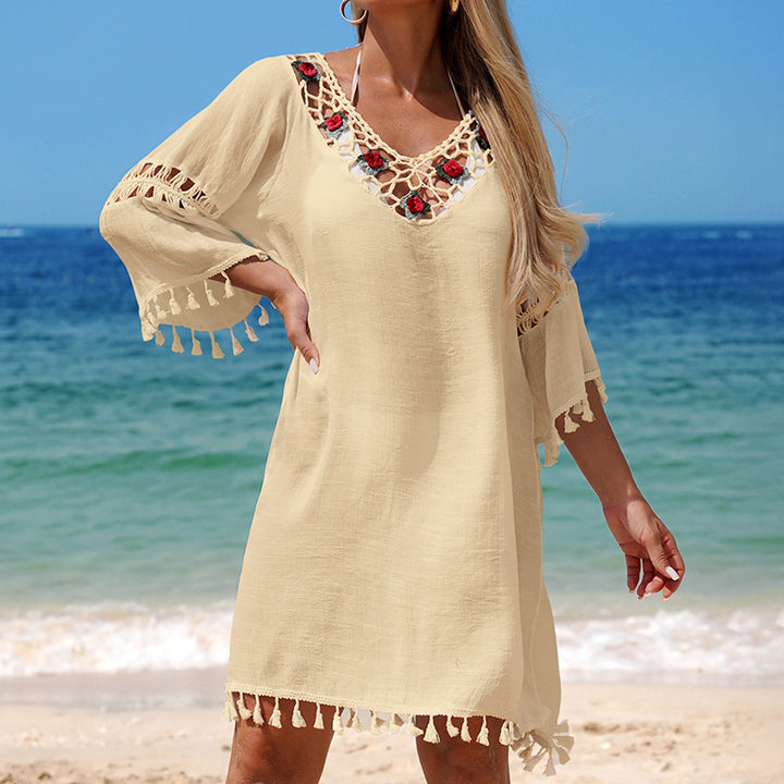Damen Häkel-Strandkleid mit eleganter Stickerei und Fransen Skjora