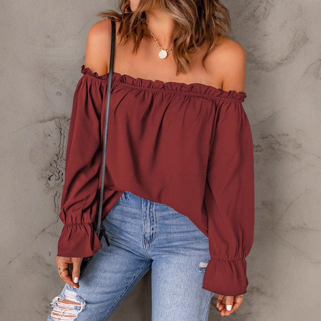 Dame Off-Shoulder Bluse med volangdetaljer og lange ermer Skjora