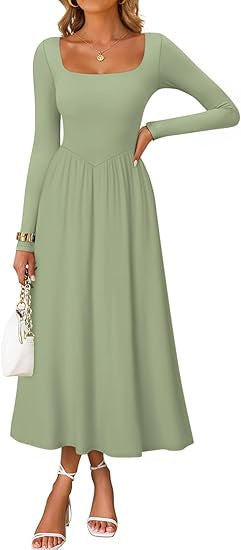 Women's elegant midi dress with square neckline and long sleeves Skjora