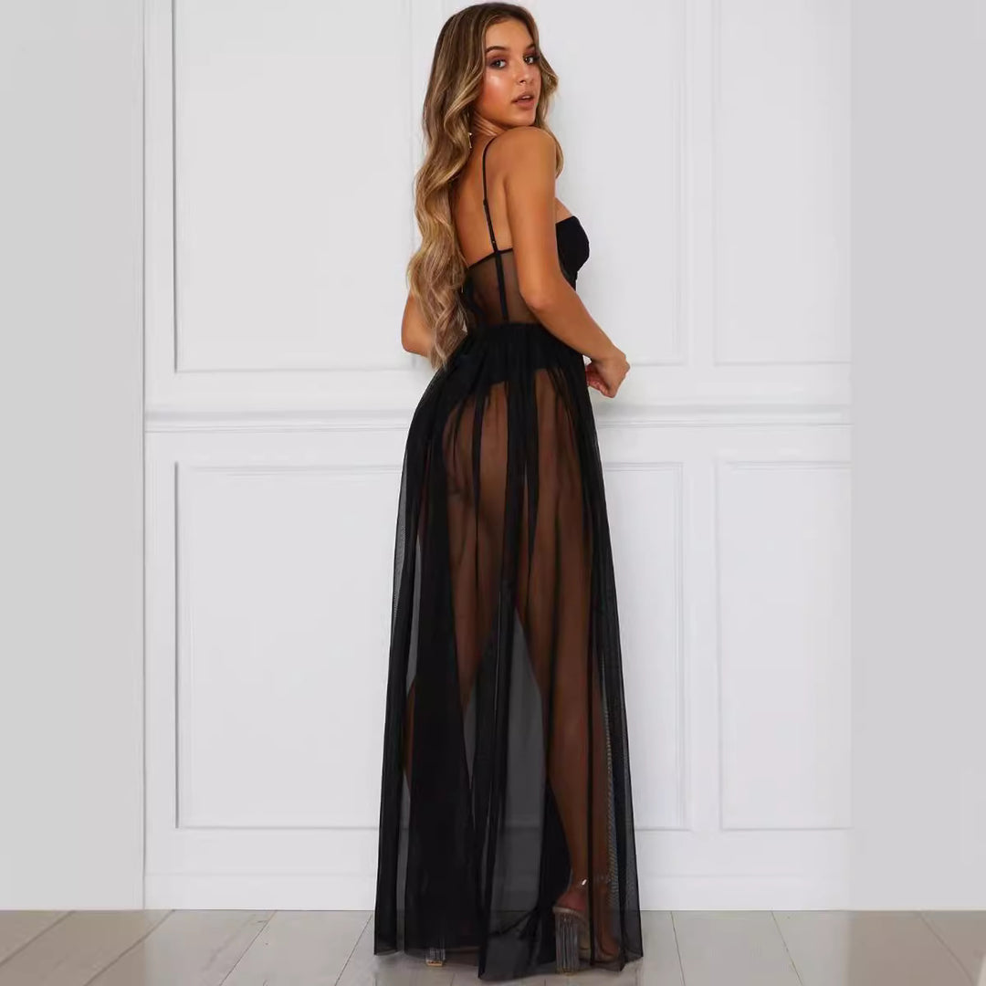 Damen aufregendes Spitzen-Negligé mit verführerischem tiefem V-Ausschnitt und transparenter Silhouette Skjora