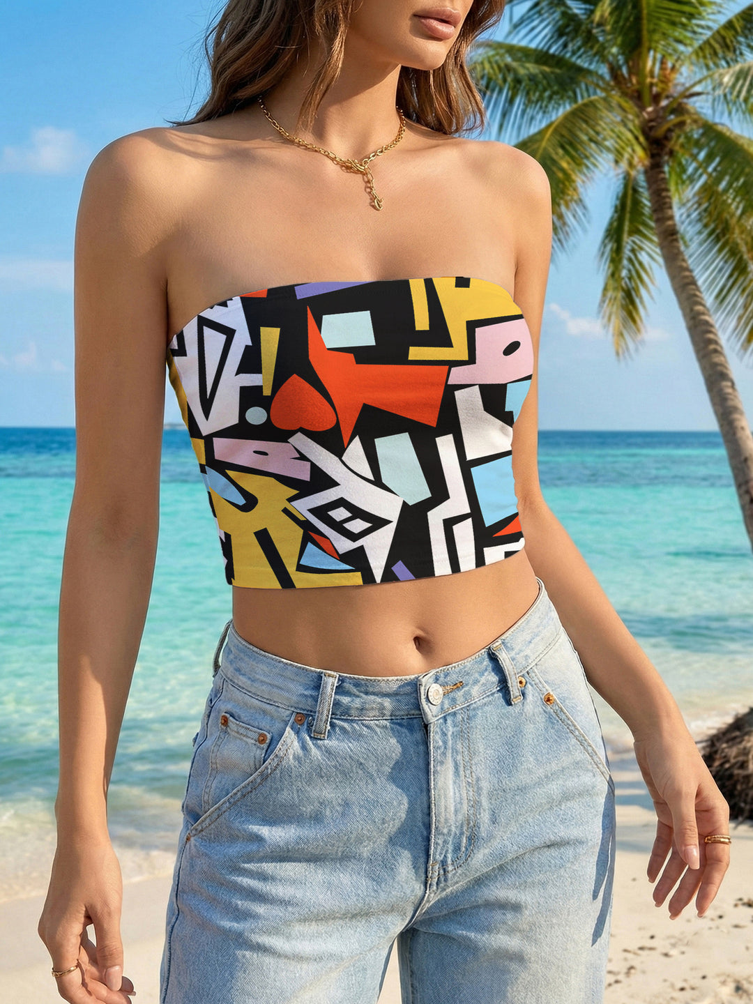 Dame Bandeau-top med kreativ marmor-design Skjora