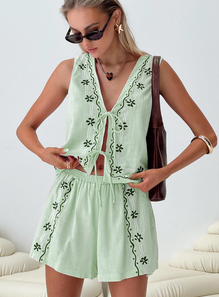 Dame luftig to-delt sett med floral broderi Skjora