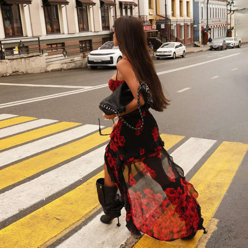 Dame Stroppeløst Sommerkjole med Chiffon-volanger Skjora