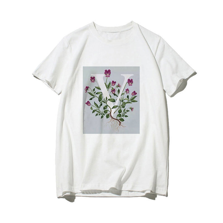 Dame T-skjorte med blomsterdesign og kreativt trykk Skjora