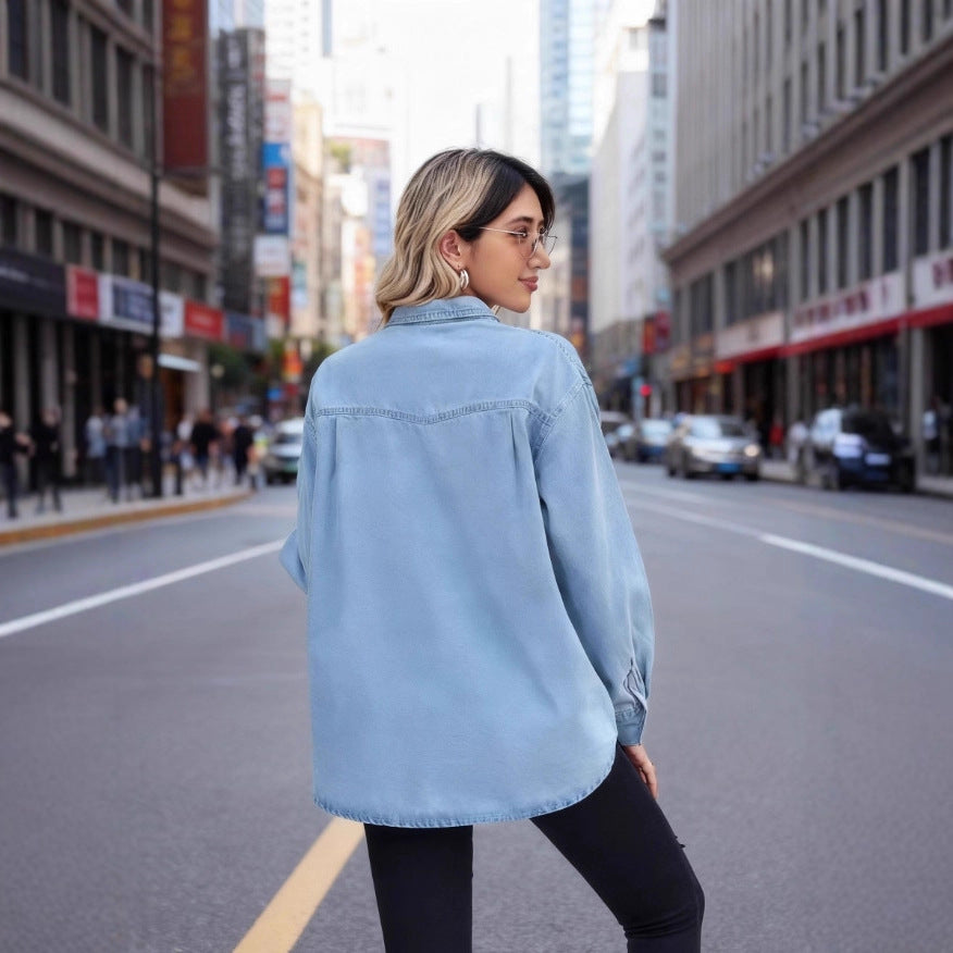 Damer Løs Denim Skjorte Bluse med Praktiske Brystlommer Skjora