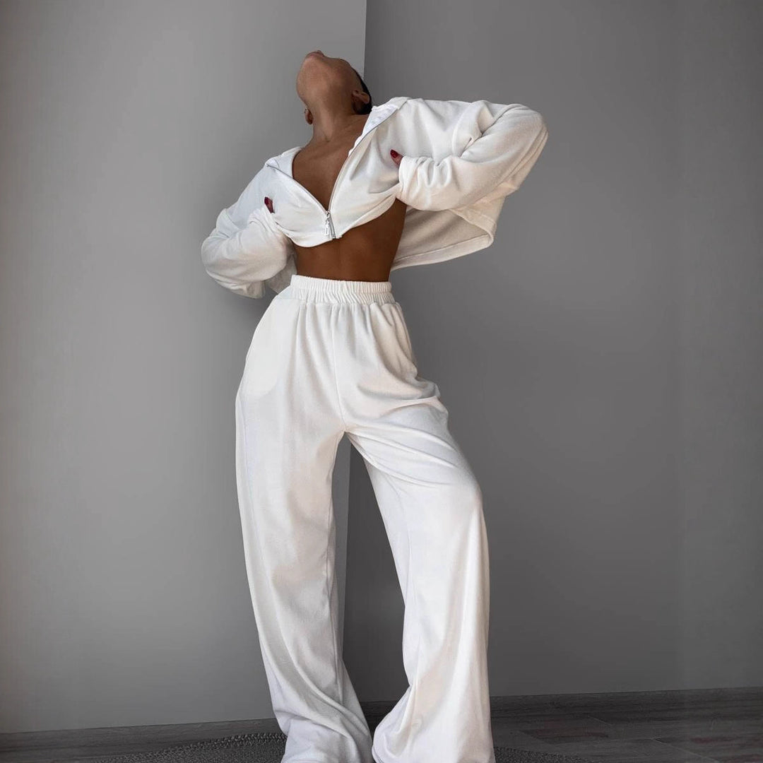 Dame Fashion Velours Sett med cropped topp og vide bukser Skjora