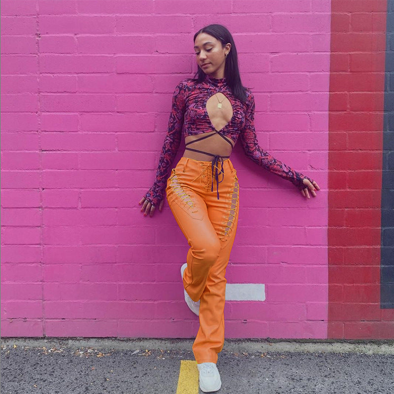 Dame Crop-Top med innovativt cut-out-design og lange ermer Skjora