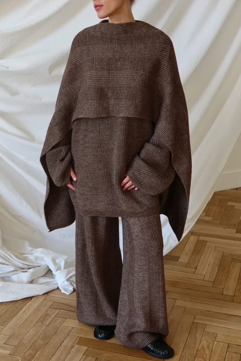 Kvinnelig stilige ribbestrikket loungewear-sett med løs passform topp og bredskårne bukser Skjora