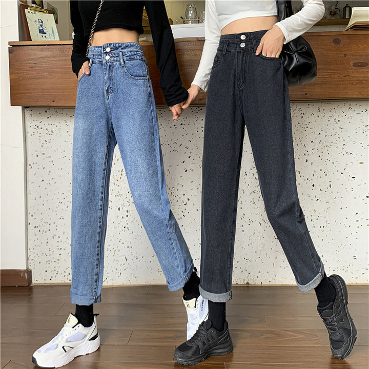 Kvinne Høy Midje Mom Jeans med Avtagbare Buner Skjora