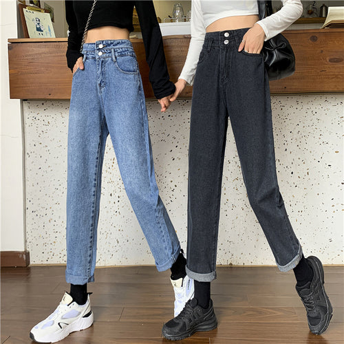 Kvinne Høy Midje Mom Jeans med Avtagbare Buner Skjora