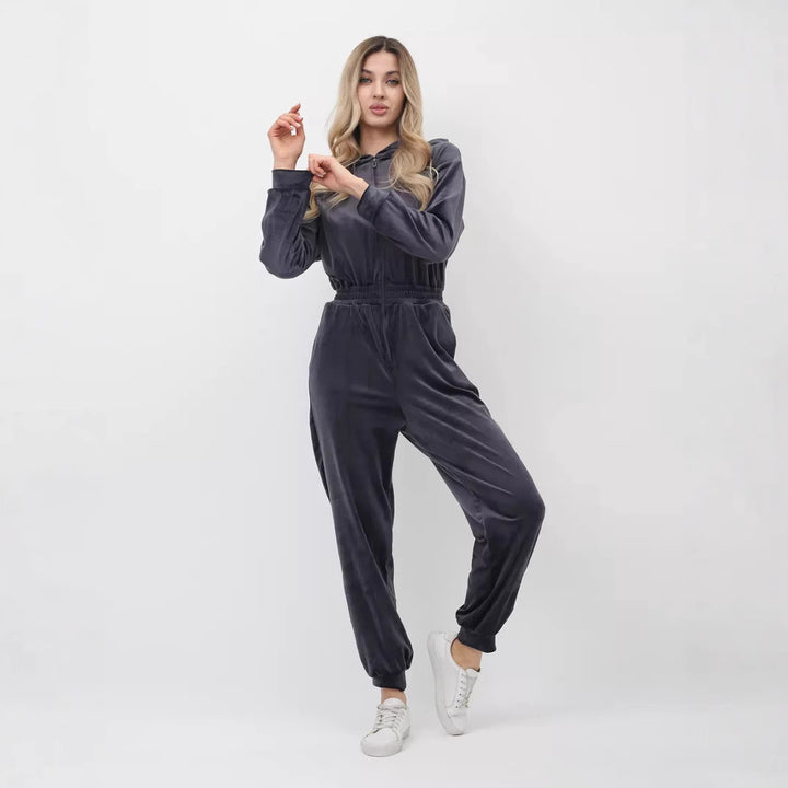 Damer sporty fleece jumpsuit med hette og elastisk midje Skjora