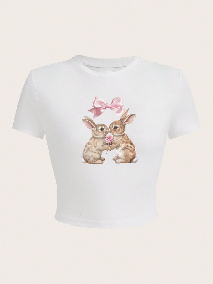 Dame Crop-top med sjarmerende kaninmotiv og sløyfebruk Skjora