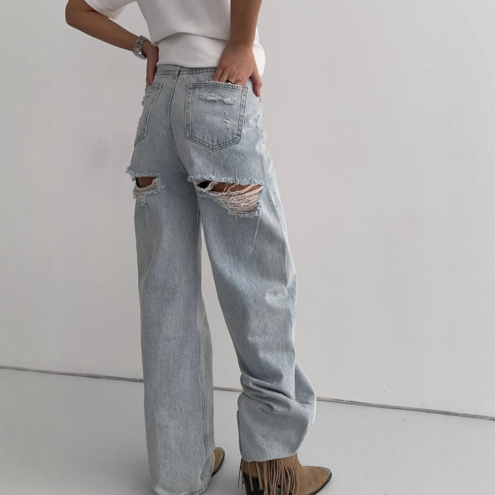 Kvinne Boyfriend Jeans med trendy Ødelagte Elementer Skjora