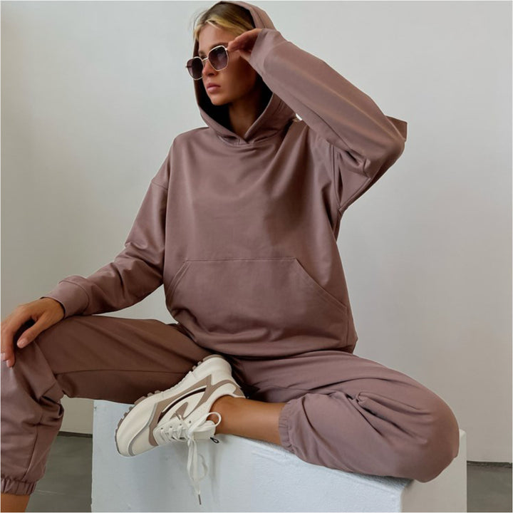 Dame hoodie og joggebukse sett med elastisk midje og avslappet passform