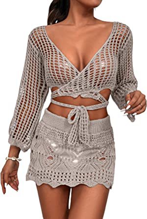 Dame heklet Crop-Top og miniskjørt-sett med elegante knytte-detaljer Skjora