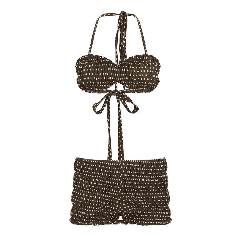 Dame Bandeau-Bikini Sett med volanger og leken prikkedesign Skjora