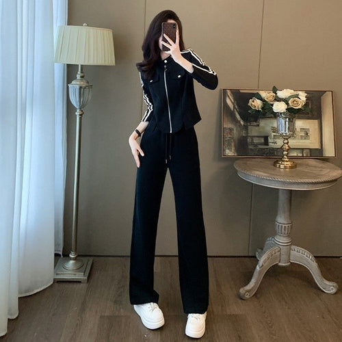 Dame sporty fritidsdress sett med trendy glidelås og vide bukser Skjora