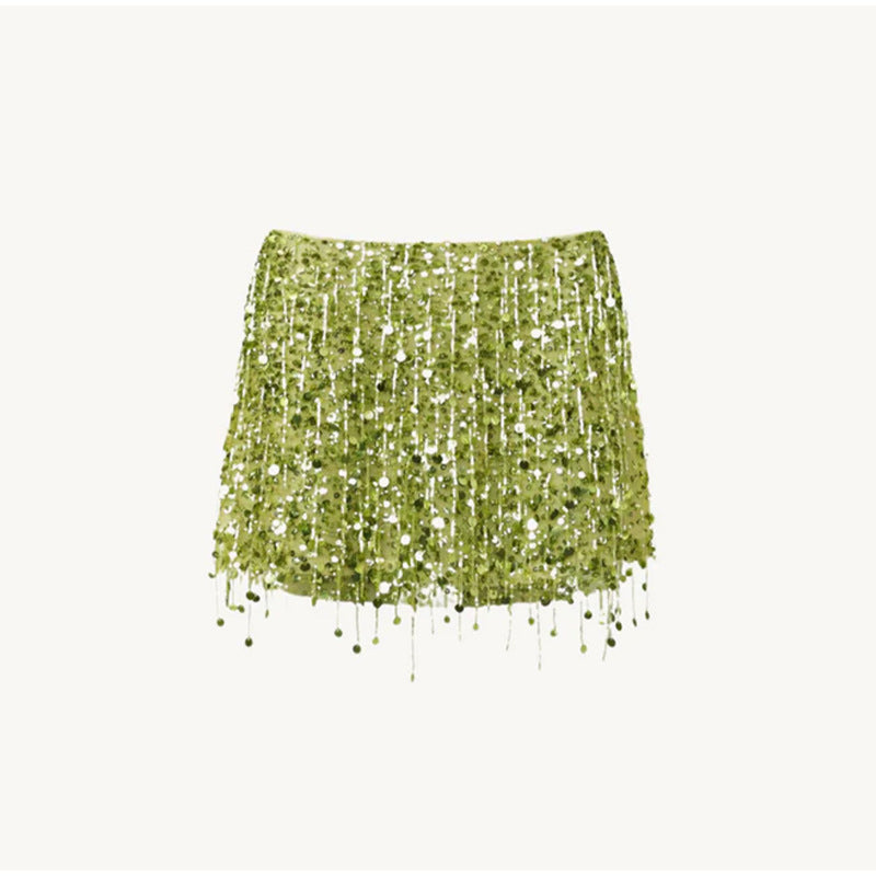 Damer Glitrende Crop-Top og Miniskjørt-sett med Frynser Skjora