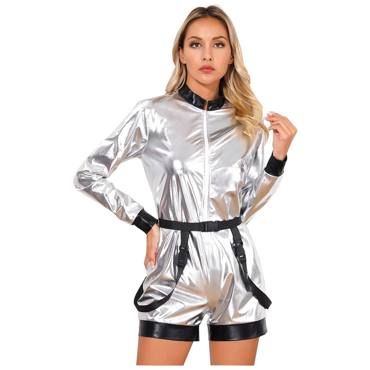 Damer Futuristisk Glans-Jumpsuit med glidelås og avtakbart belte Skjora