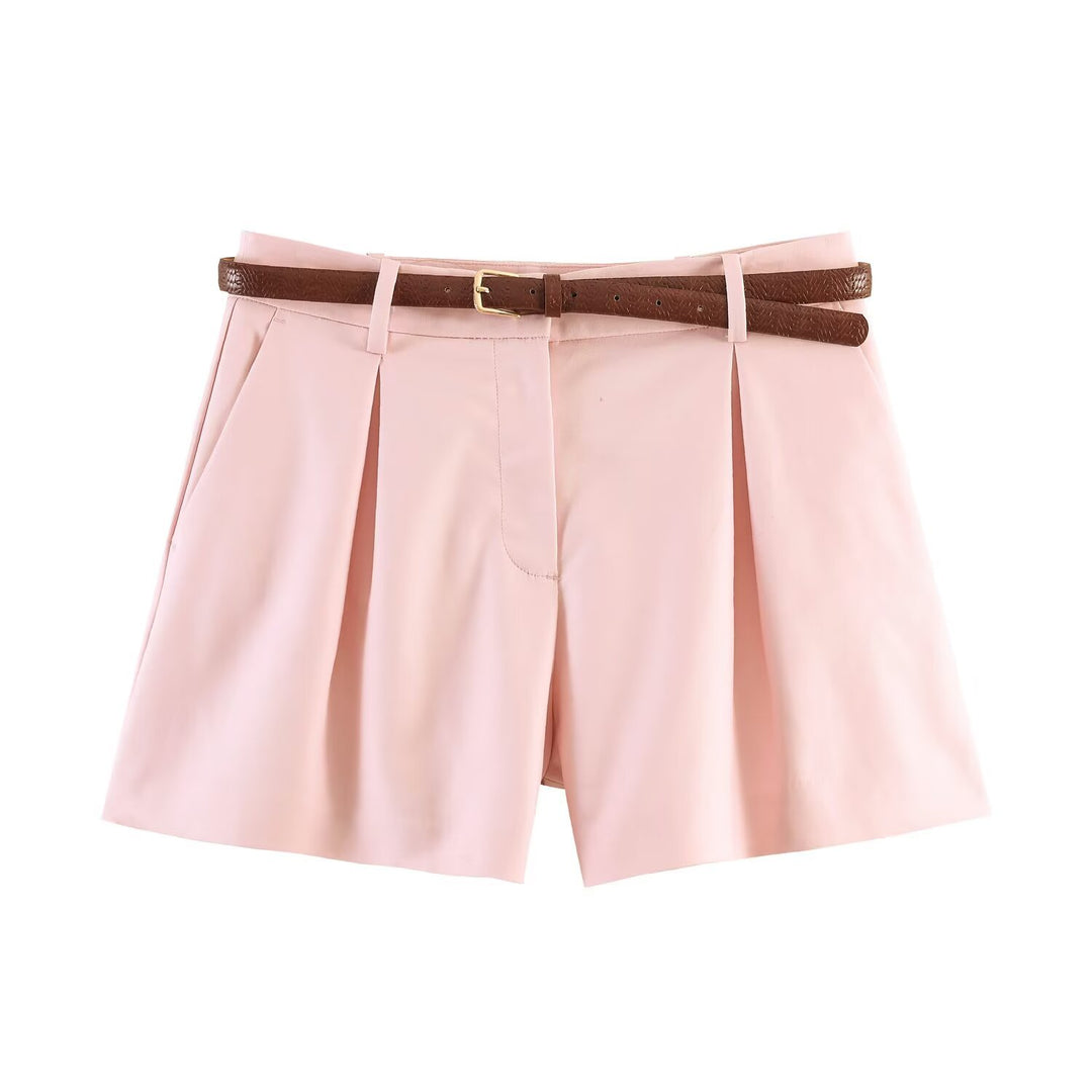 Dame Høy midje Shorts med elegant folder og smal belte Skjora