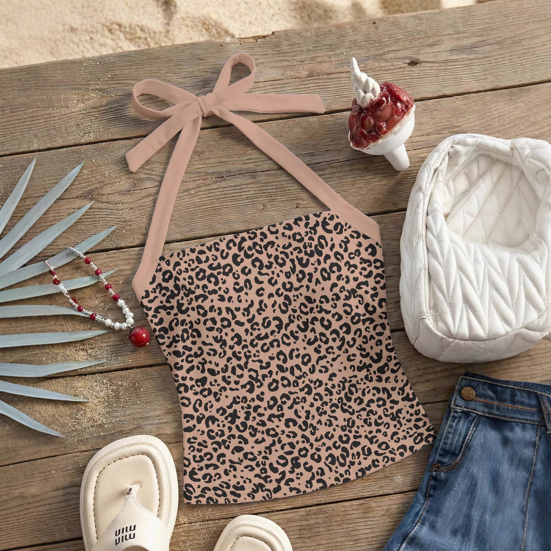 Damen Neckholder Top mit verspieltem Leopardenmuster Skjora