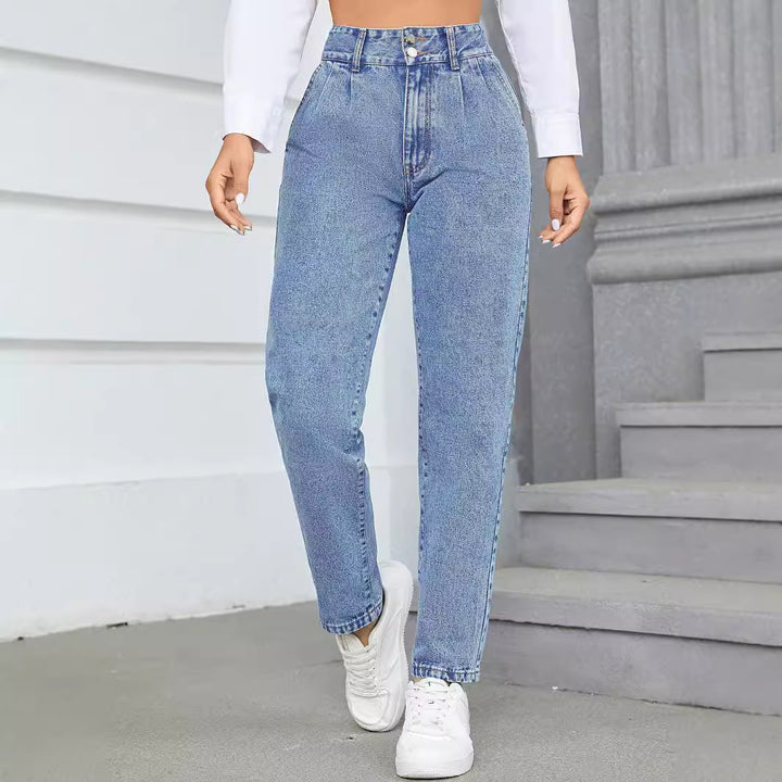 Damen High-Waist Boyfriend Jeans med klassisk snitt og knapppdetaljer Skjora