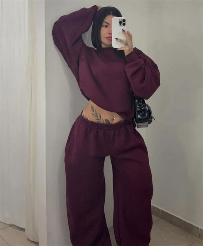 Kvinnens Casual Crop Top og Bred Joggebukse Sett Skjora