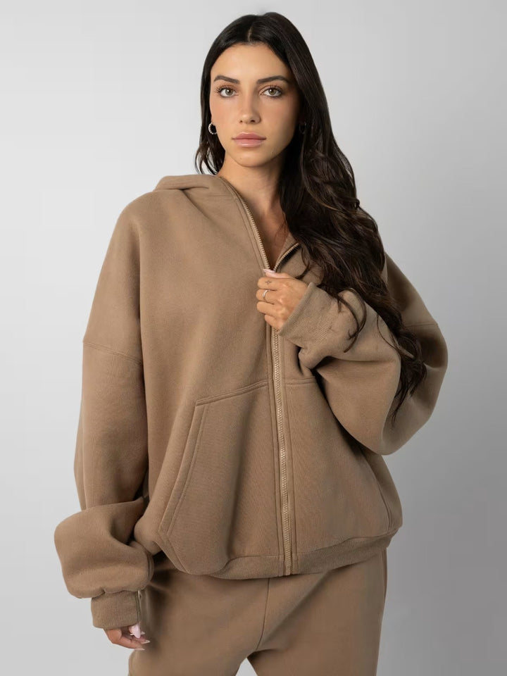Kvinnenes casual fleece hettegenser og joggebukse-sett med glidelås og praktiske lommer