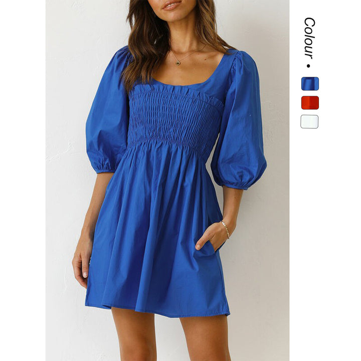 Kvinnens bomulls kjole med smal midje og pufferm